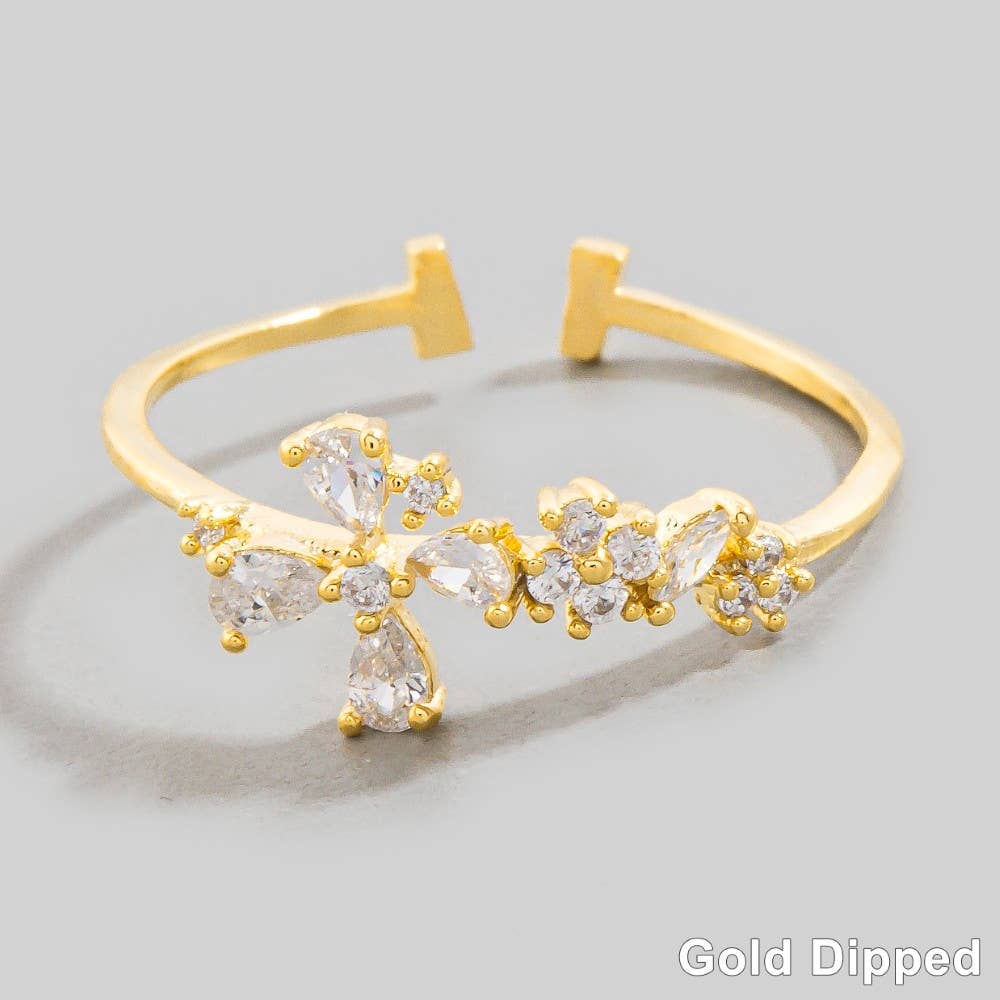 Gold Dipped Cz Adjustable Band Flower Ring
