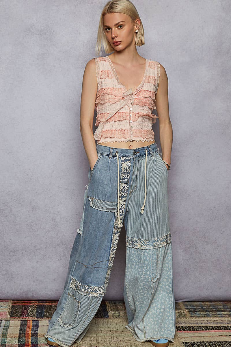 POL Lace-Overlay Detailed Denim Woven Pants
