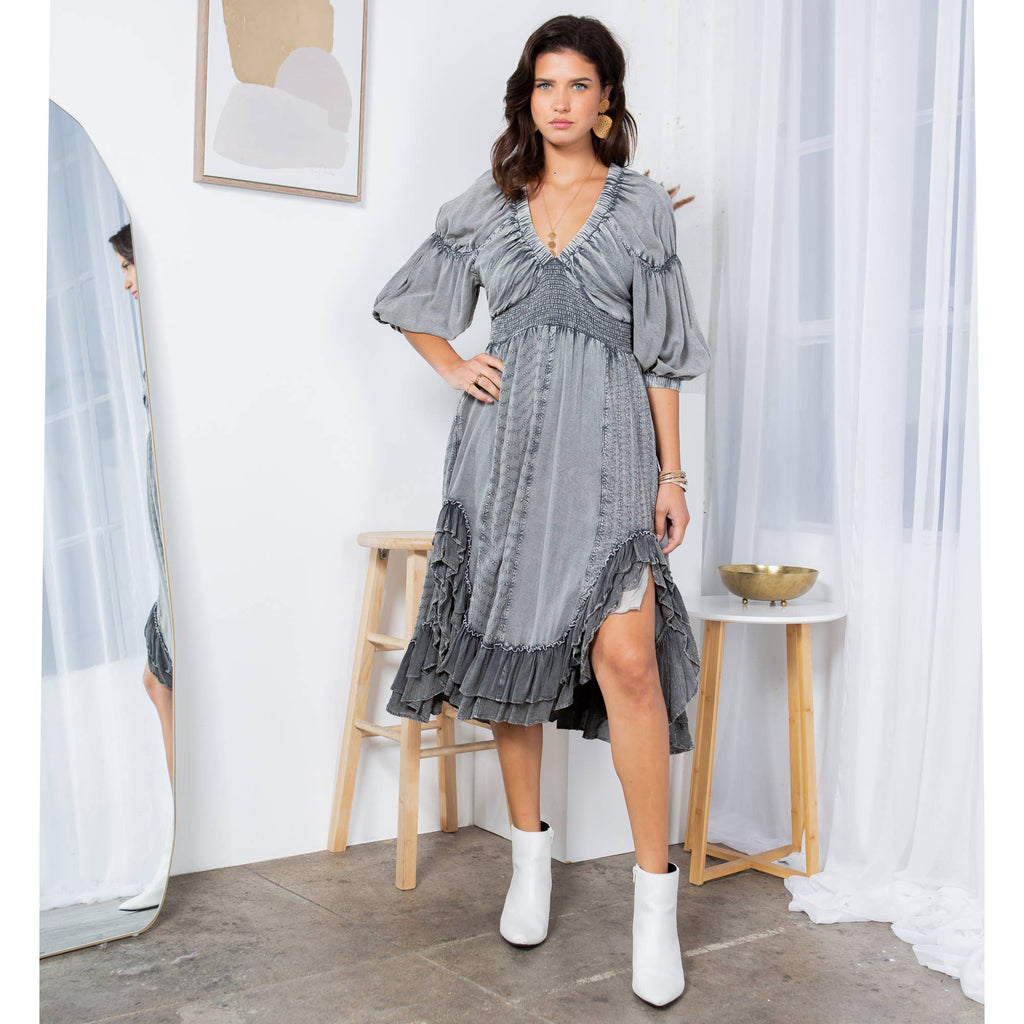 Mid-Length Sheared & Elasticated V-Neck Dress