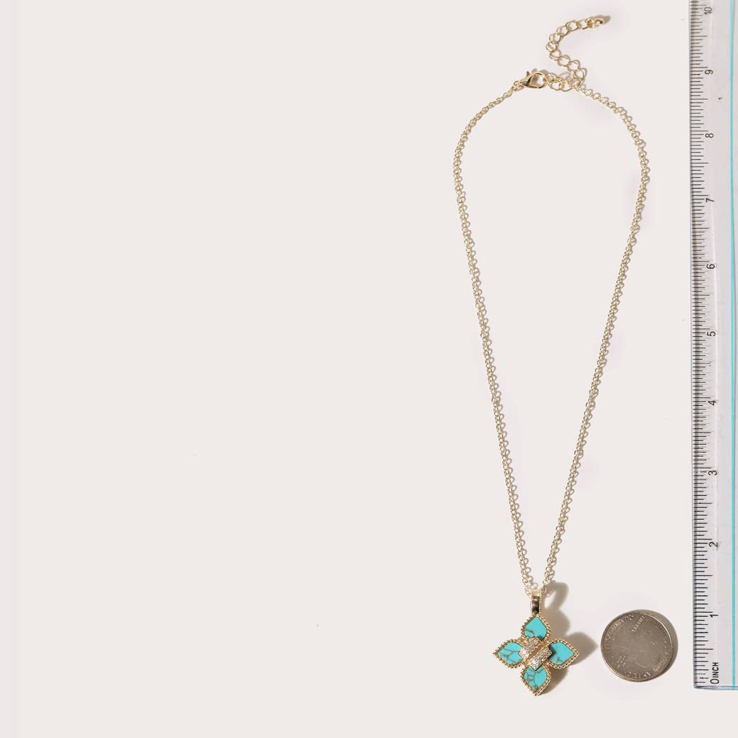 Gold CZ Pave Turquoise Clover Necklace