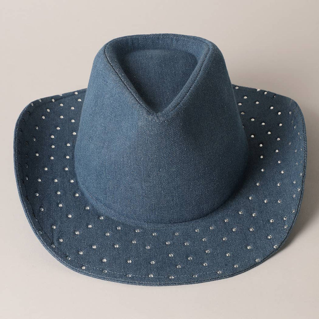 Cubic Embellished Denim Cowboy Hat