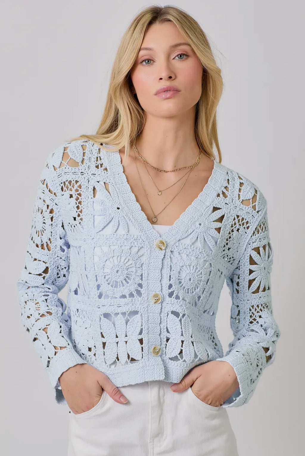 Antonella Crochet Cardigan - Sky Blue Elegant Edition