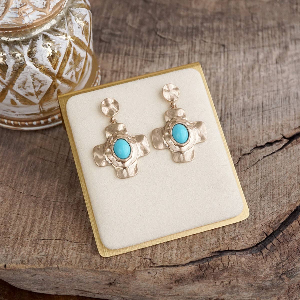 Sunlit Cross – Hammered Cabochon Earrings