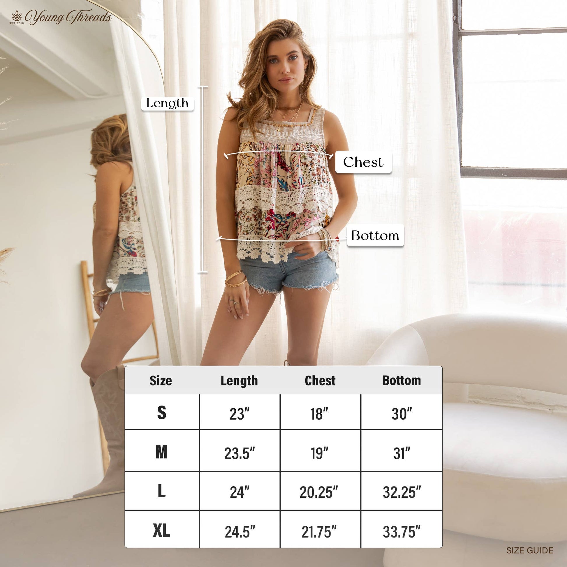 Boho Tiered Floral Print Tank Top w/ Lace Detailing
