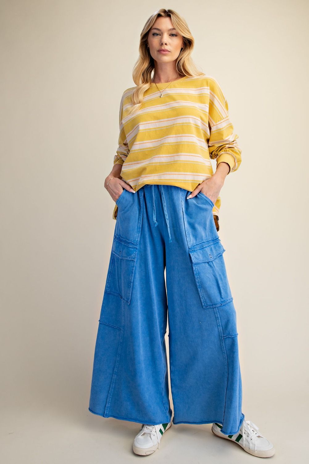 EASEL Wide Leg Terry Cargo Pants