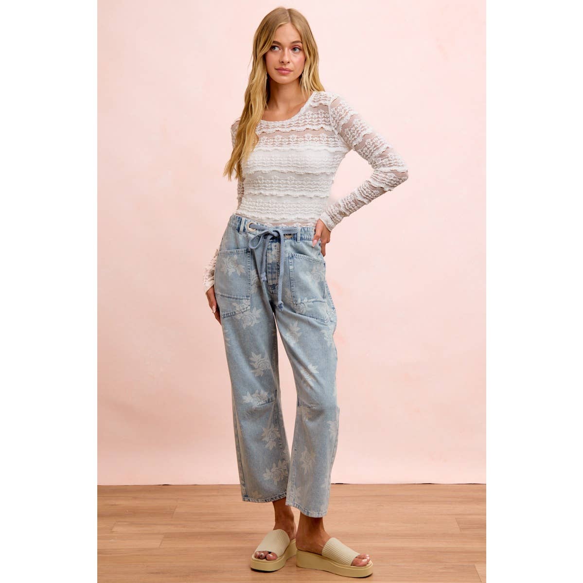 ROSE PRINTED WASHED DENIM PANTS WITH WAIST BELT