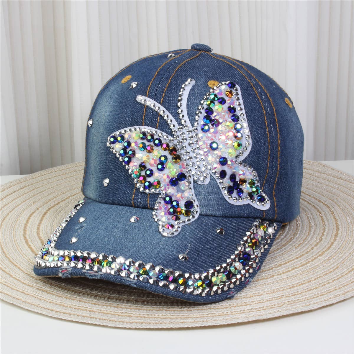 Denim Glam Butterfly Cap with Crystal Accents in Blue
