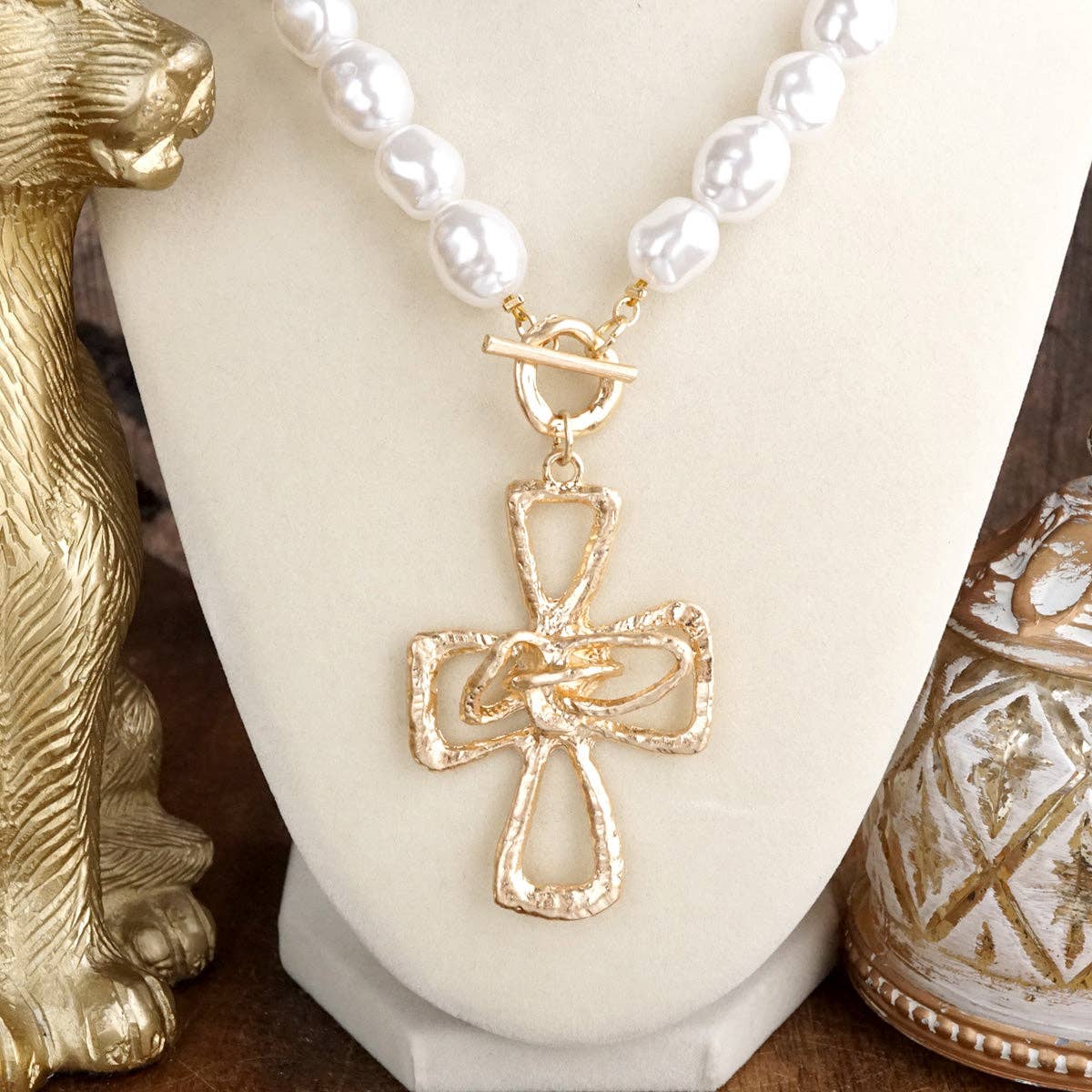 Pearl Cross Necklace – Gold tone - Wrapped Grace
