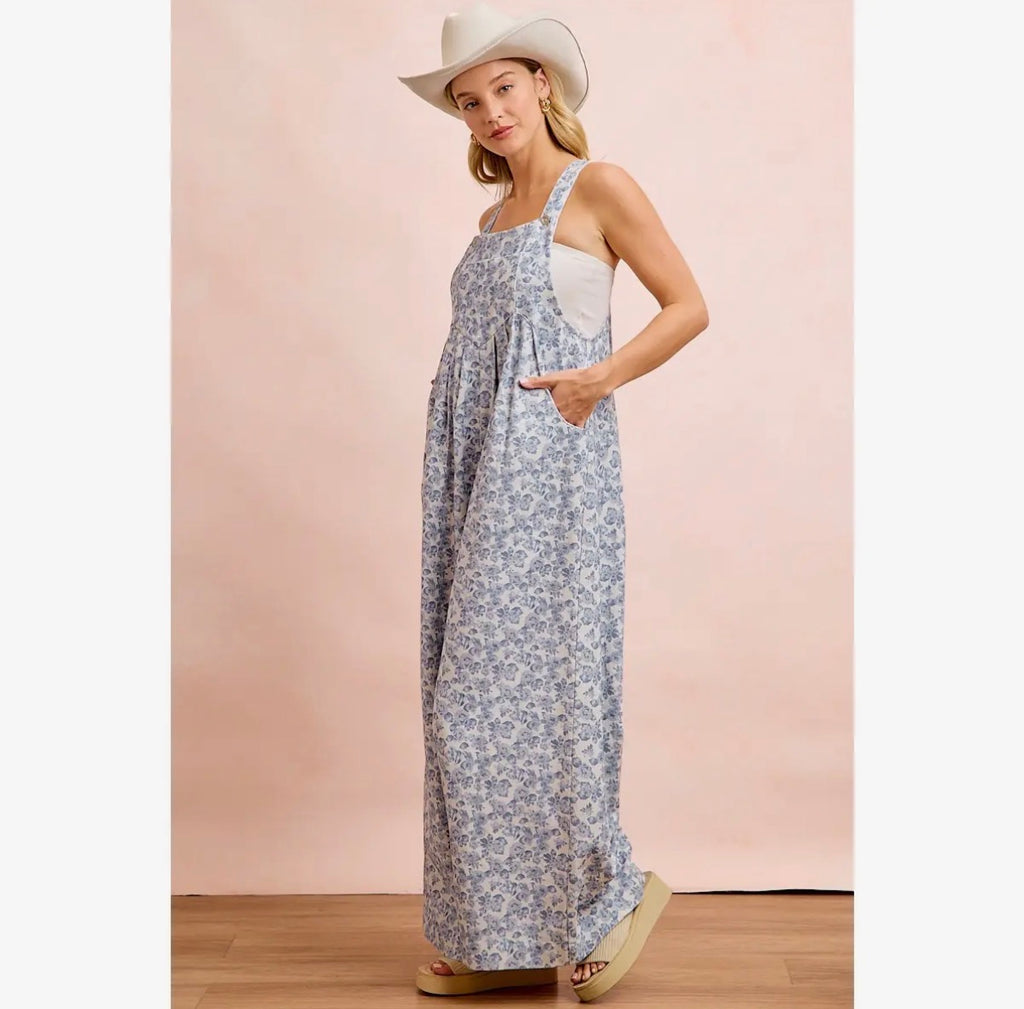 Washed Twill Flower Printed Overall w/ Front Pocket