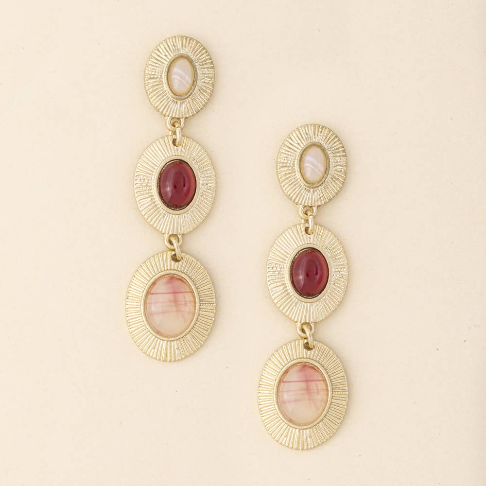 Sunburst Etched Triple Cabochon Drop Earrings
