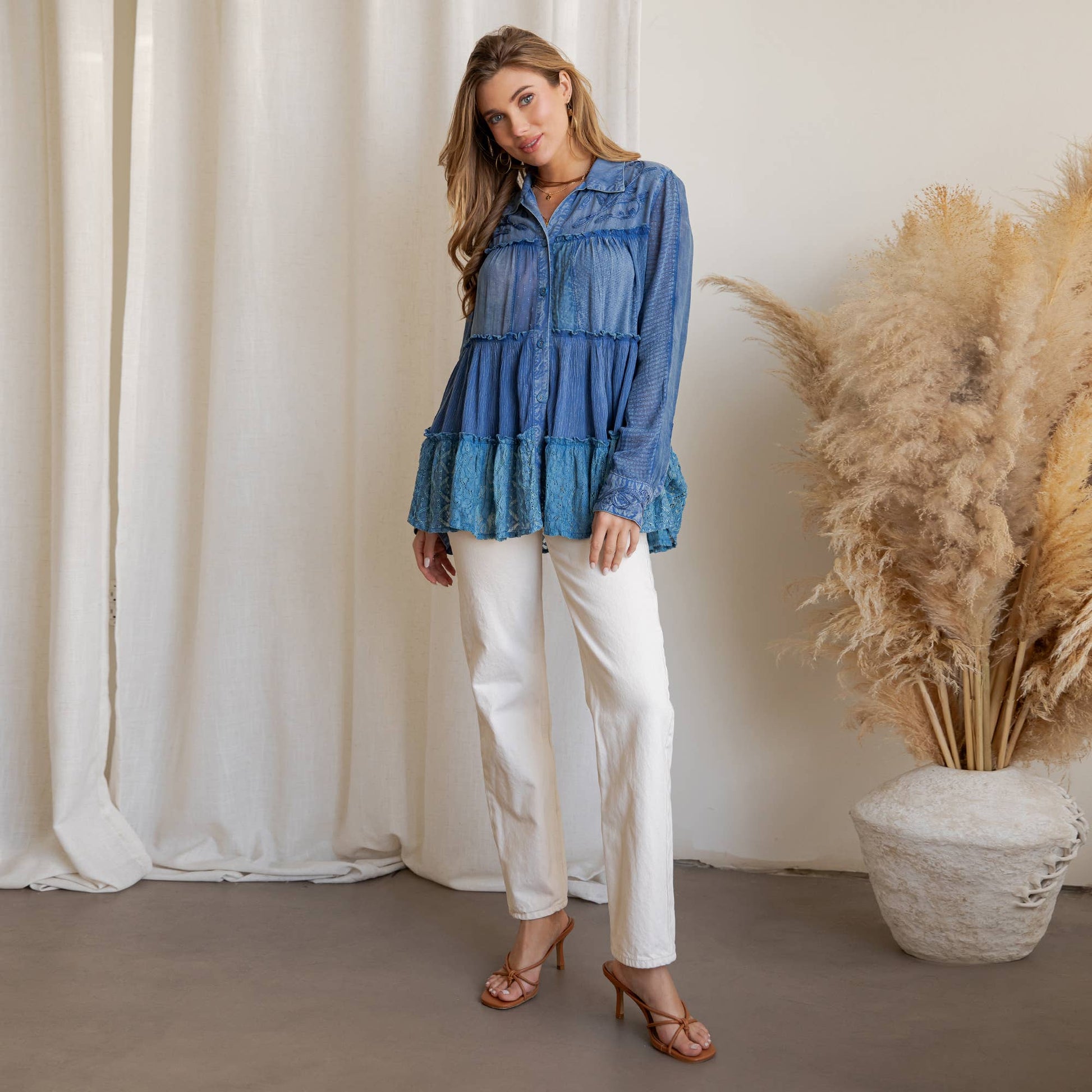 Mineral Wash Tiered Button-Down Blouse with Floral Details