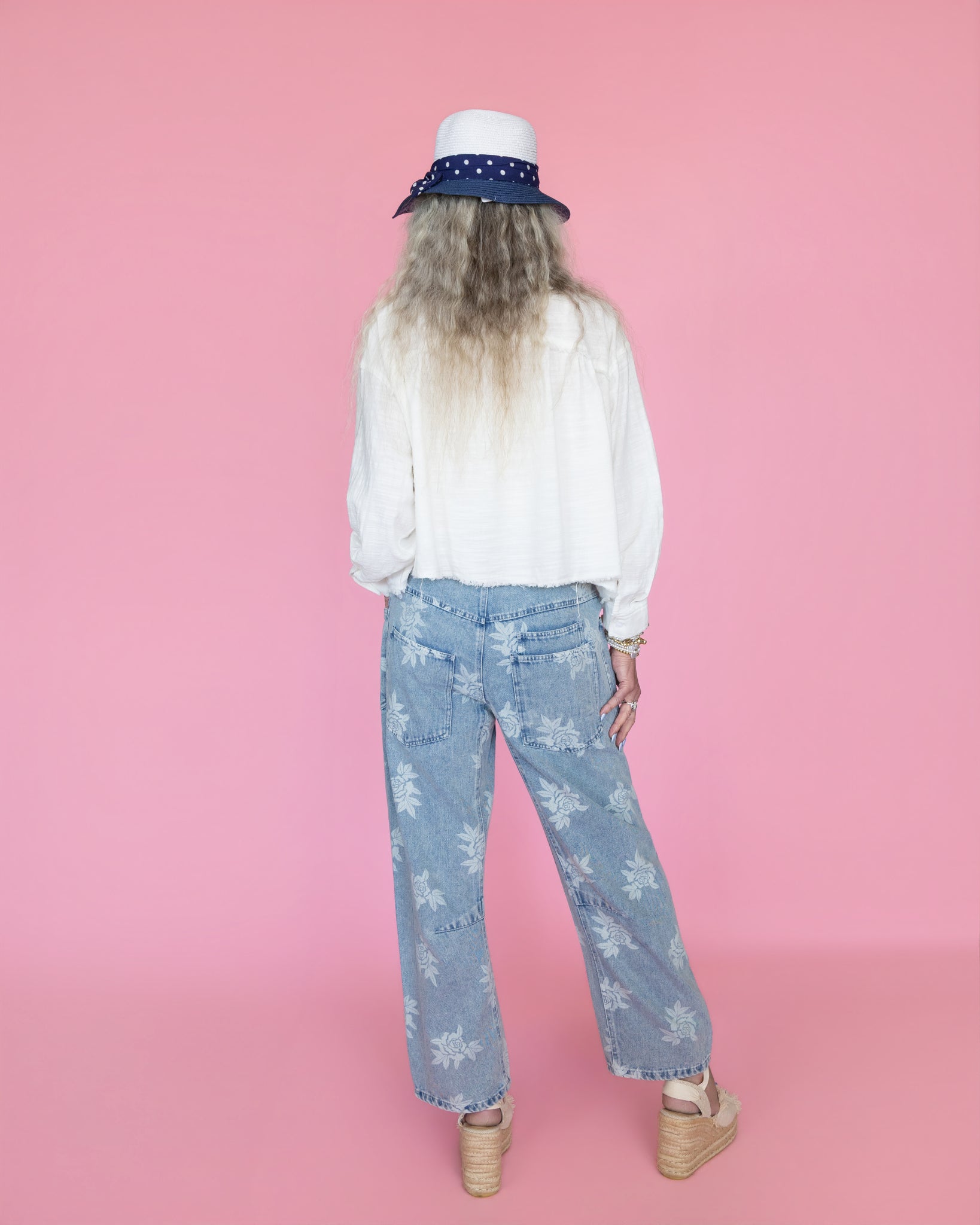 ROSE PRINTED WASHED DENIM PANTS WITH WAIST BELT