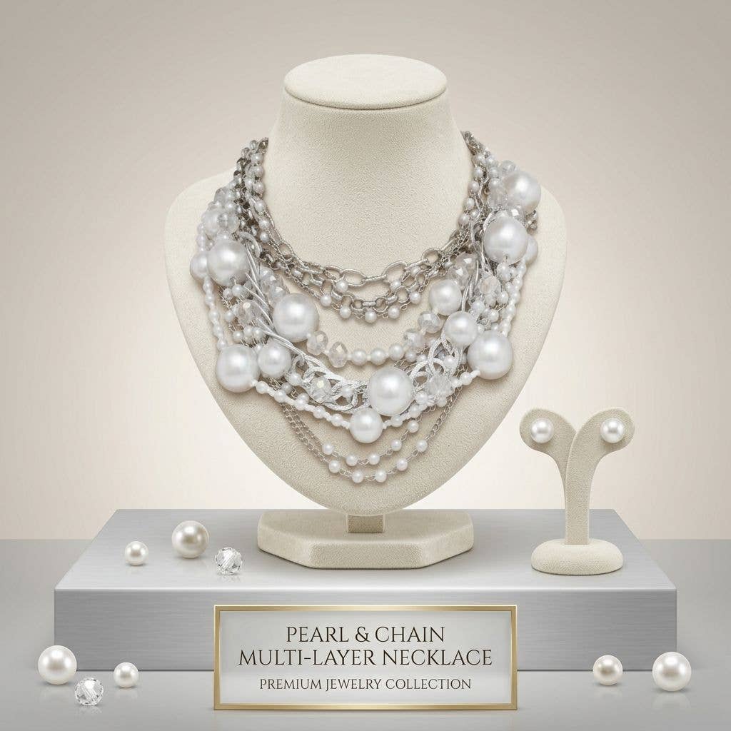 White Pearl 13 Strand Layered Silver Chain Necklace