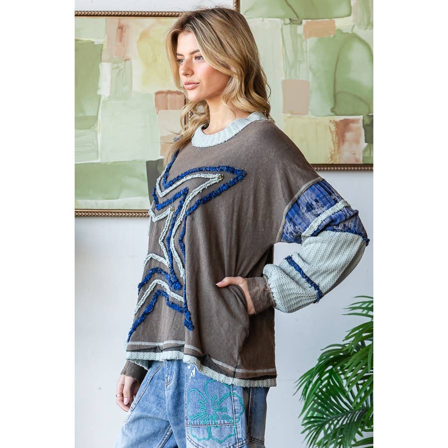 WASHED STAR PATCHWORK LONG SLEEVE KNIT TOP