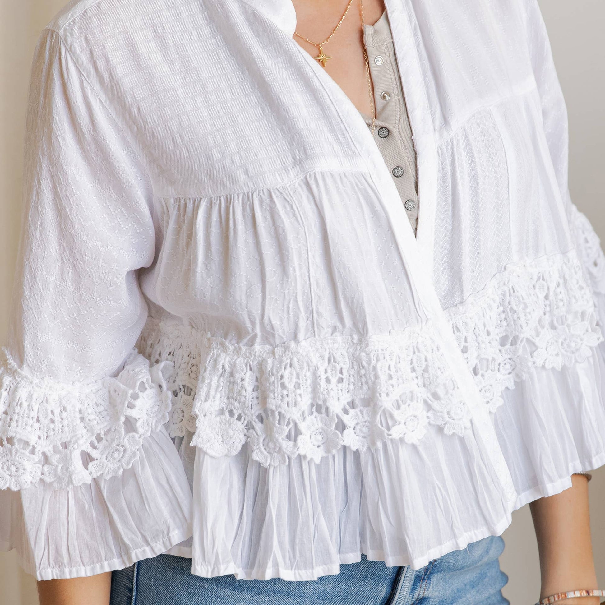 Boho Tiered Crochet Lace Open Front Shrug