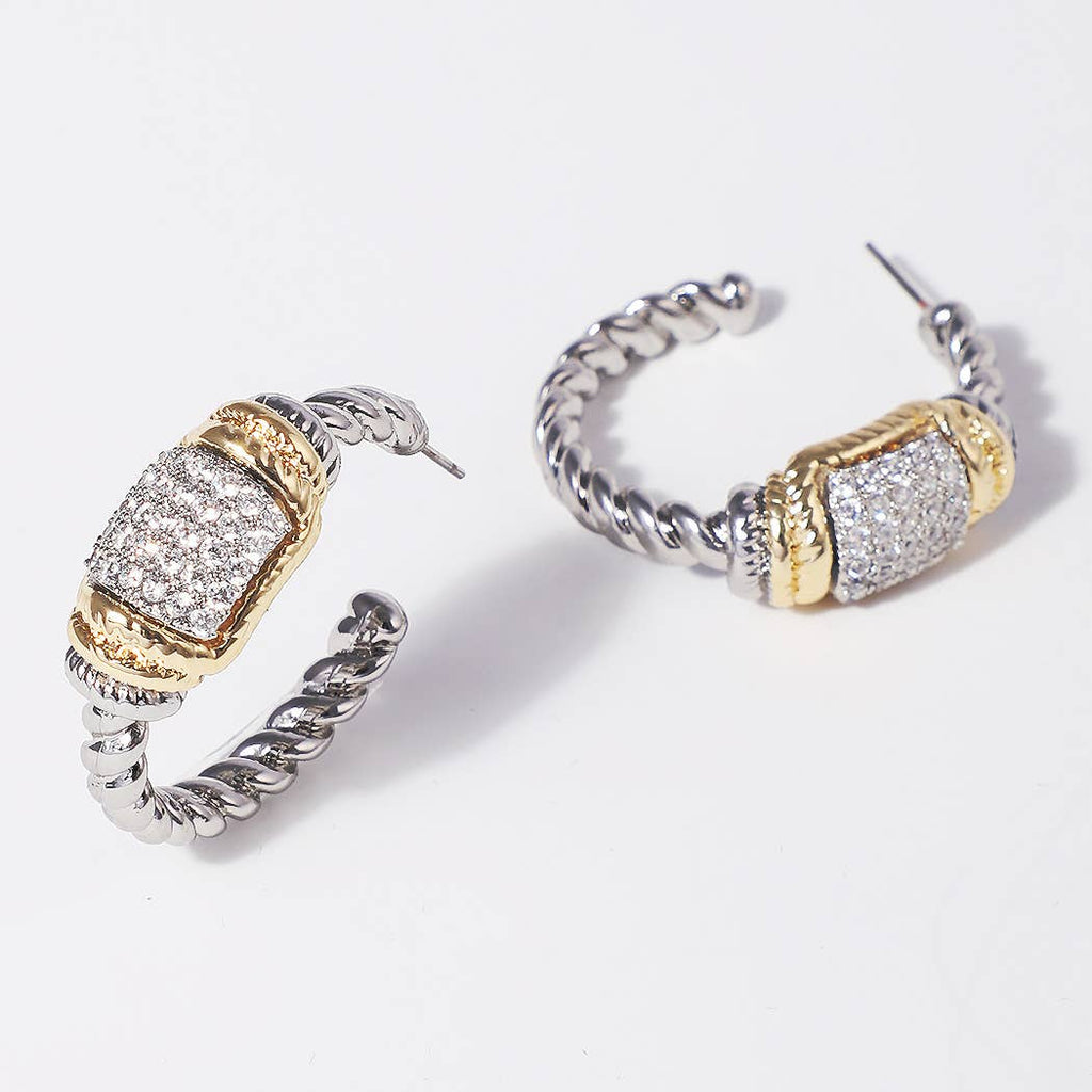 CZ Bar Twisted Hoop 14K Plated Post Earrings