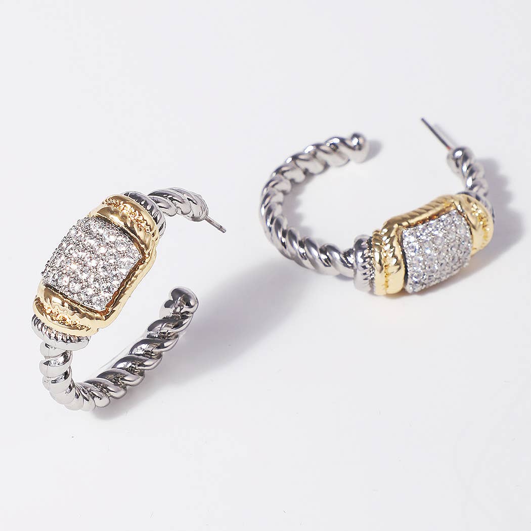 CZ Bar Twisted Hoop 14K Plated Post Earrings