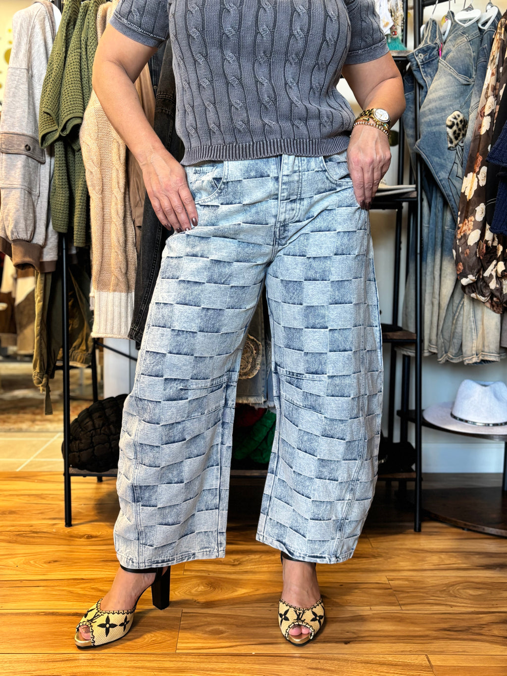 Mariana Barrel Leg Jeans - Checkered Patchwork Design