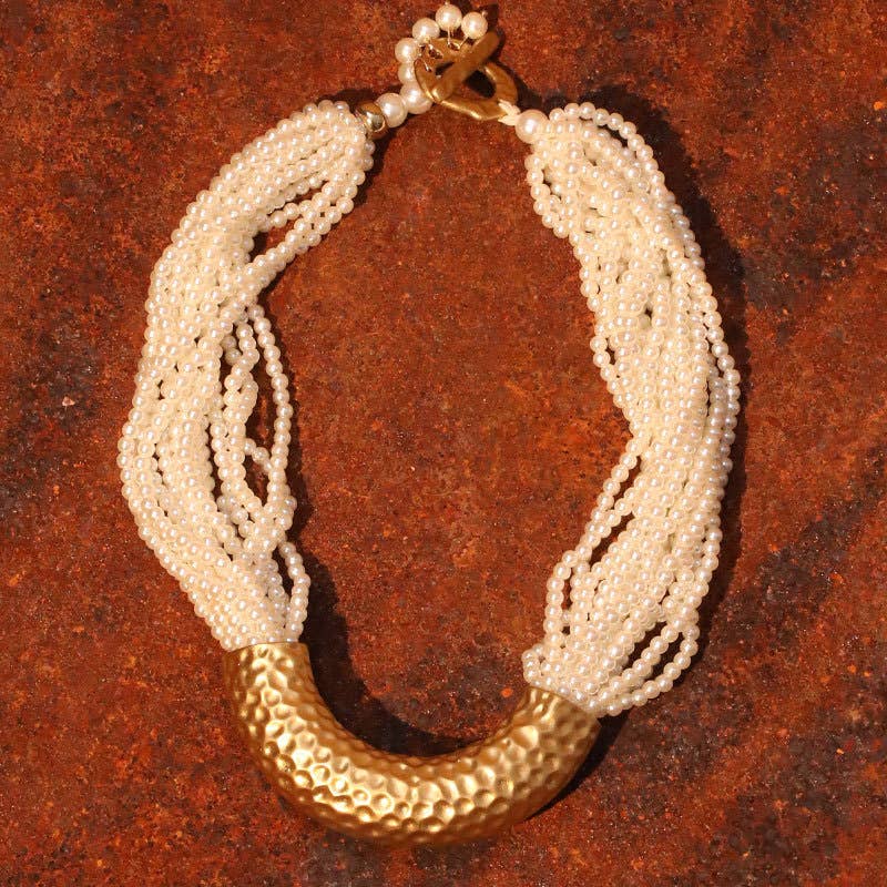 Perlies & Textured Gold Arc Necklace in Ivory