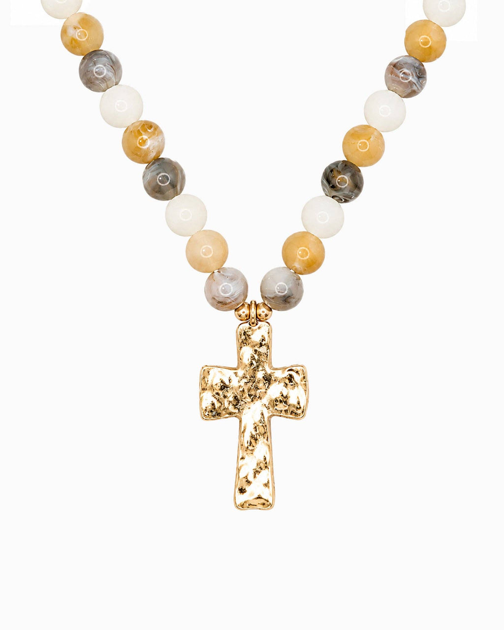 Hammered Cross Pendant Beaded Statement Necklace - 5 Color
