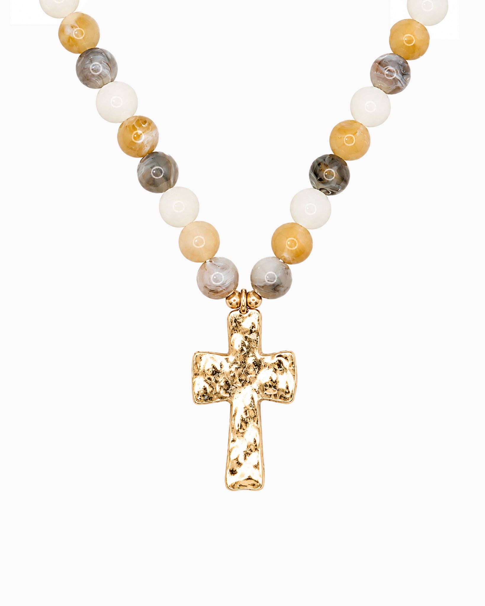Hammered Cross Pendant Beaded Statement Necklace - 5 Color