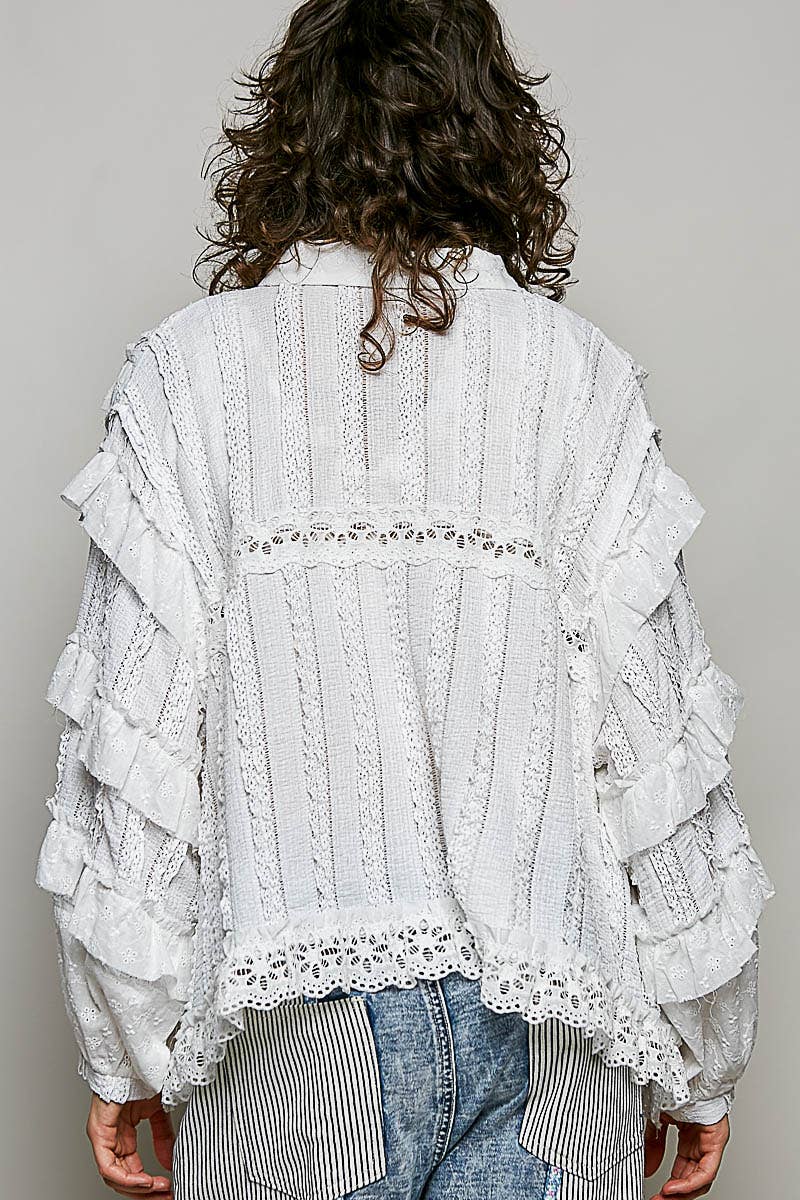 Eyelet Ruffle Floral Trim Lace Zip-Up Jacket