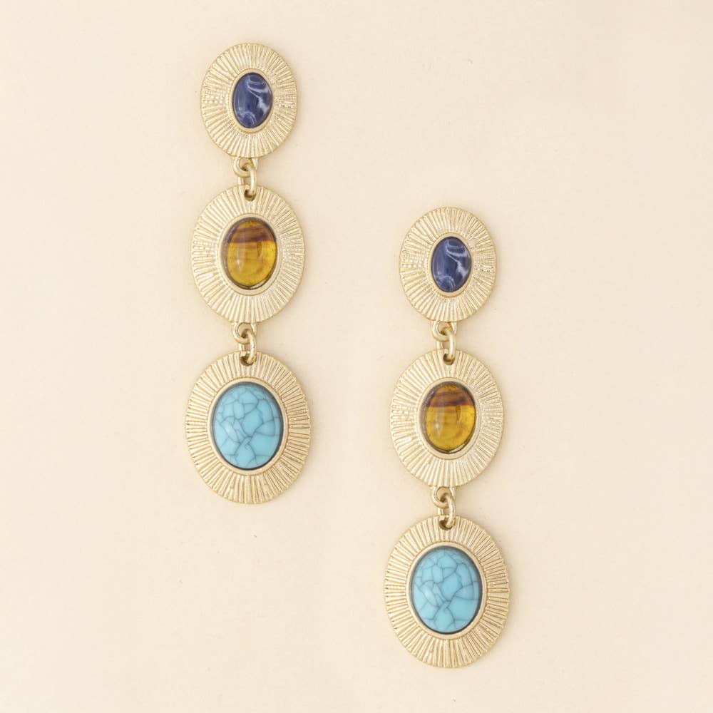 Sunburst Etched Triple Cabochon Drop Earrings