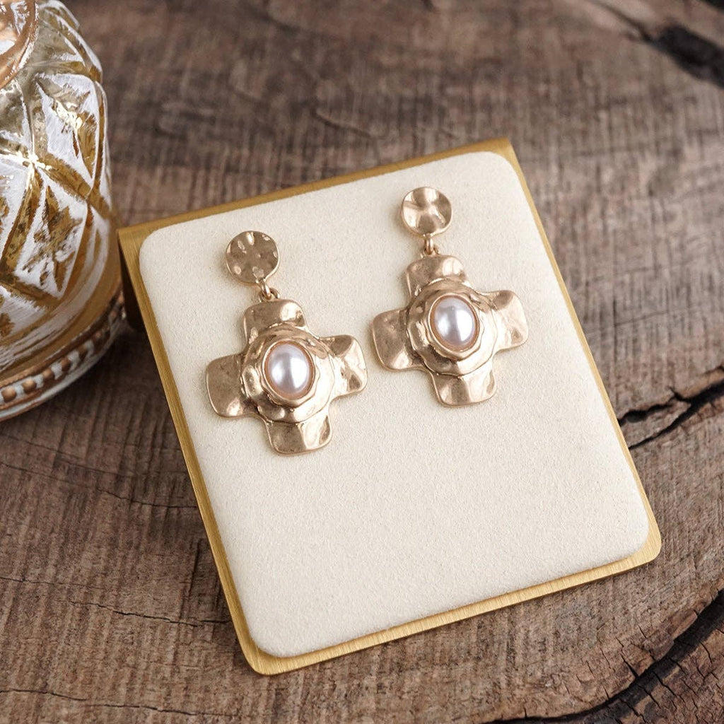 Sunlit Cross – Hammered Cabochon Earrings