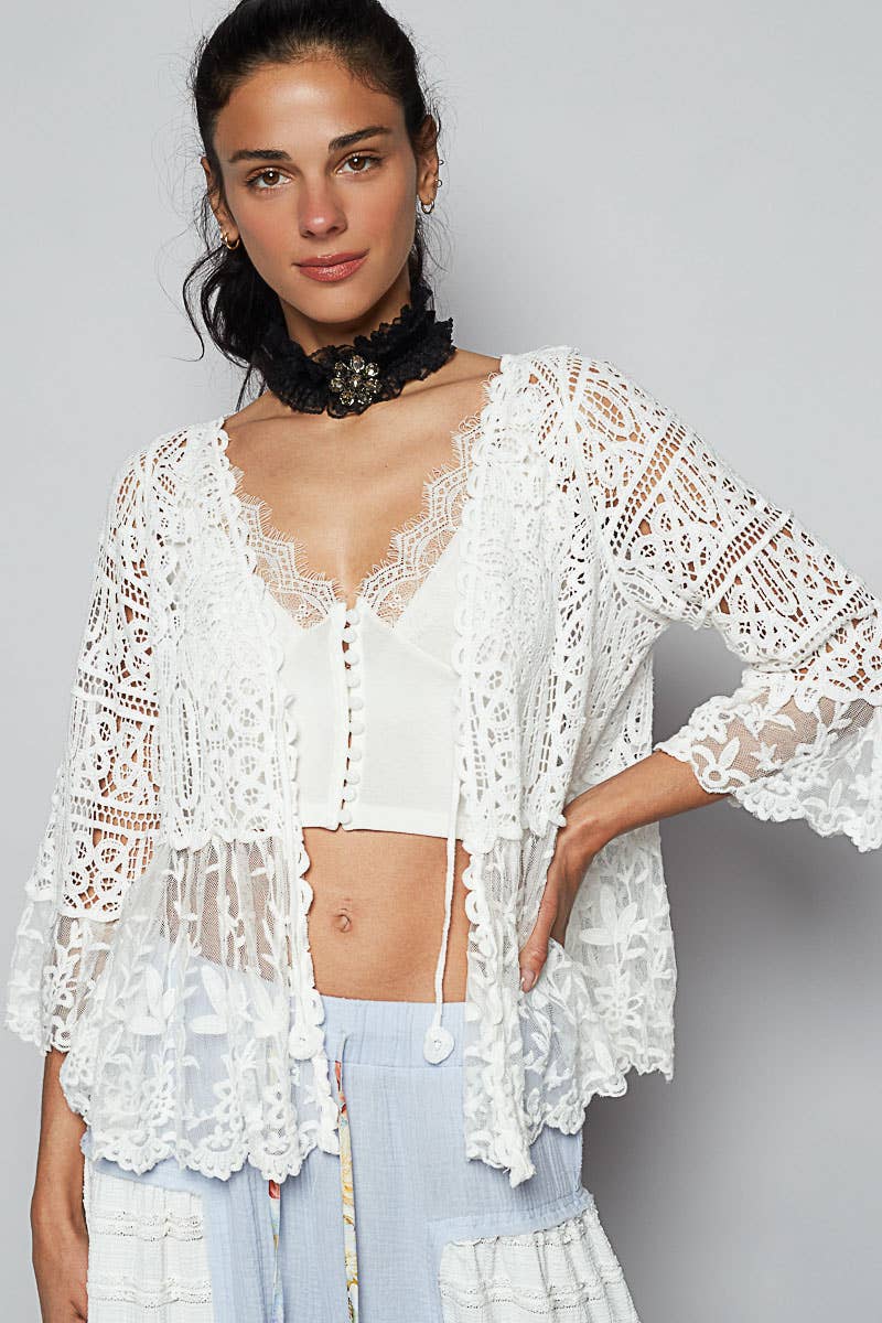 Veronica V-Neck Short Sleeve Floral Crochet Cardigan