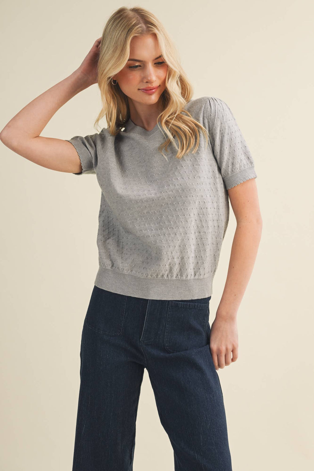 Starburst Pointelle Puff Sleeve Sweater