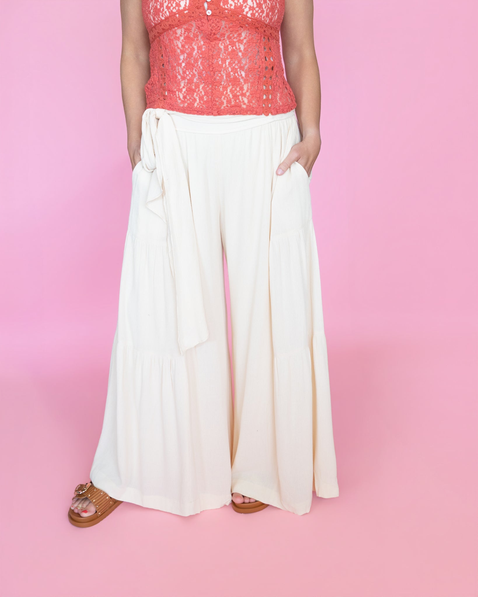 Smocked Tie-Waist Tiered Palazzo Pant