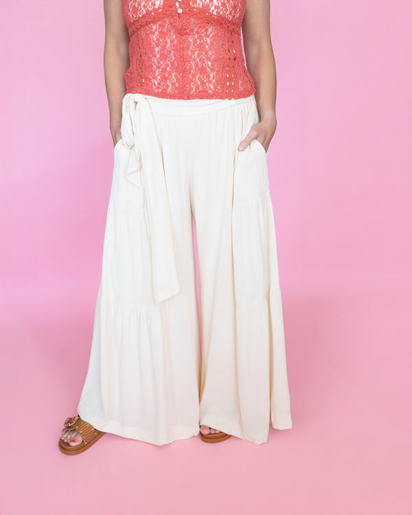 Smocked Tie-Waist Tiered Palazzo Pant