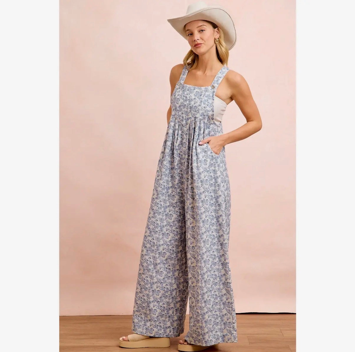Washed Twill Flower Printed Overall w/ Front Pocket