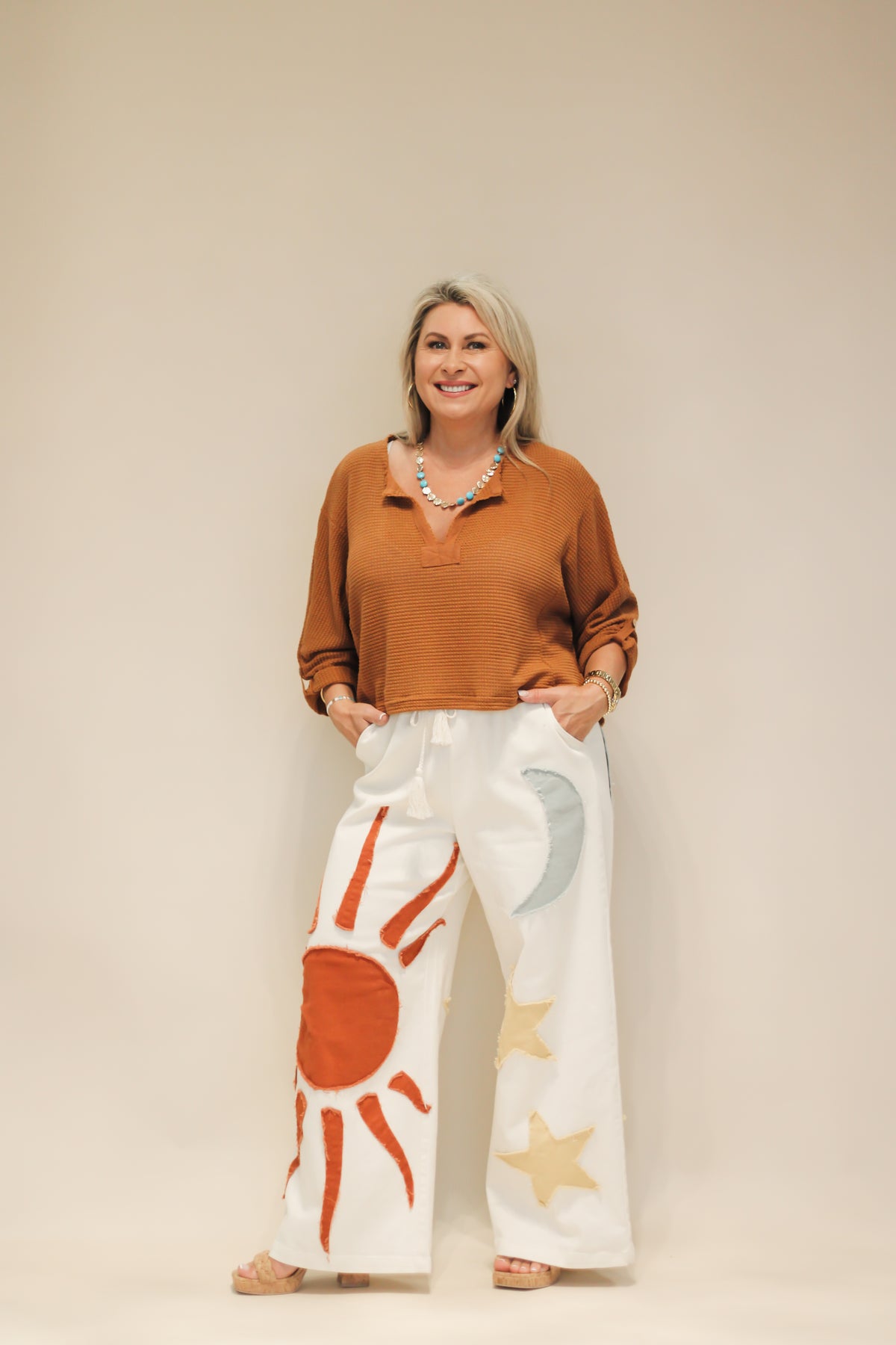 Sun Moon Star Patch Wide Pants