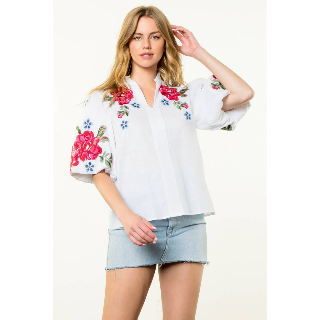 Flower Embroidered Puff Sleeve Top