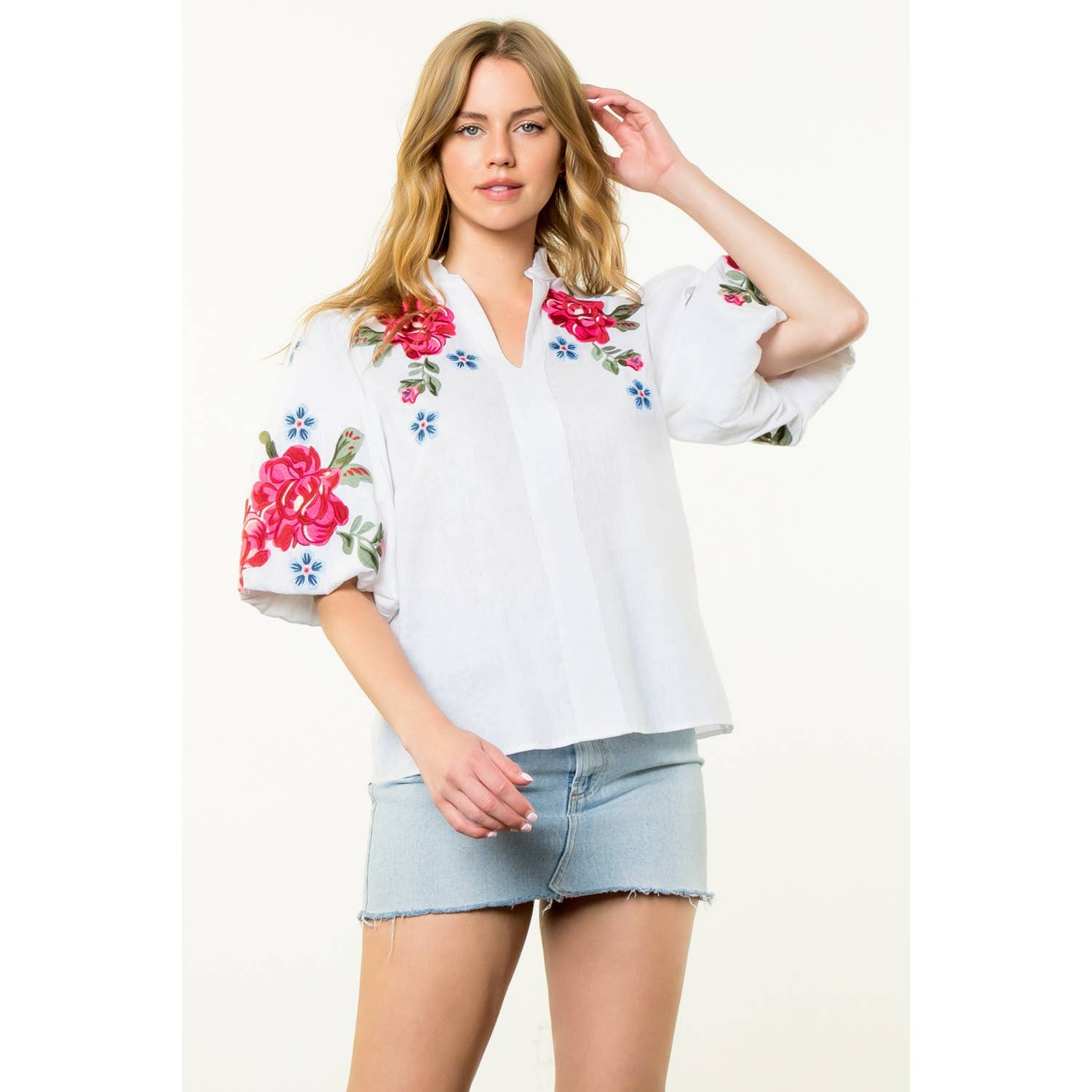 Flower Embroidered Puff Sleeve Top