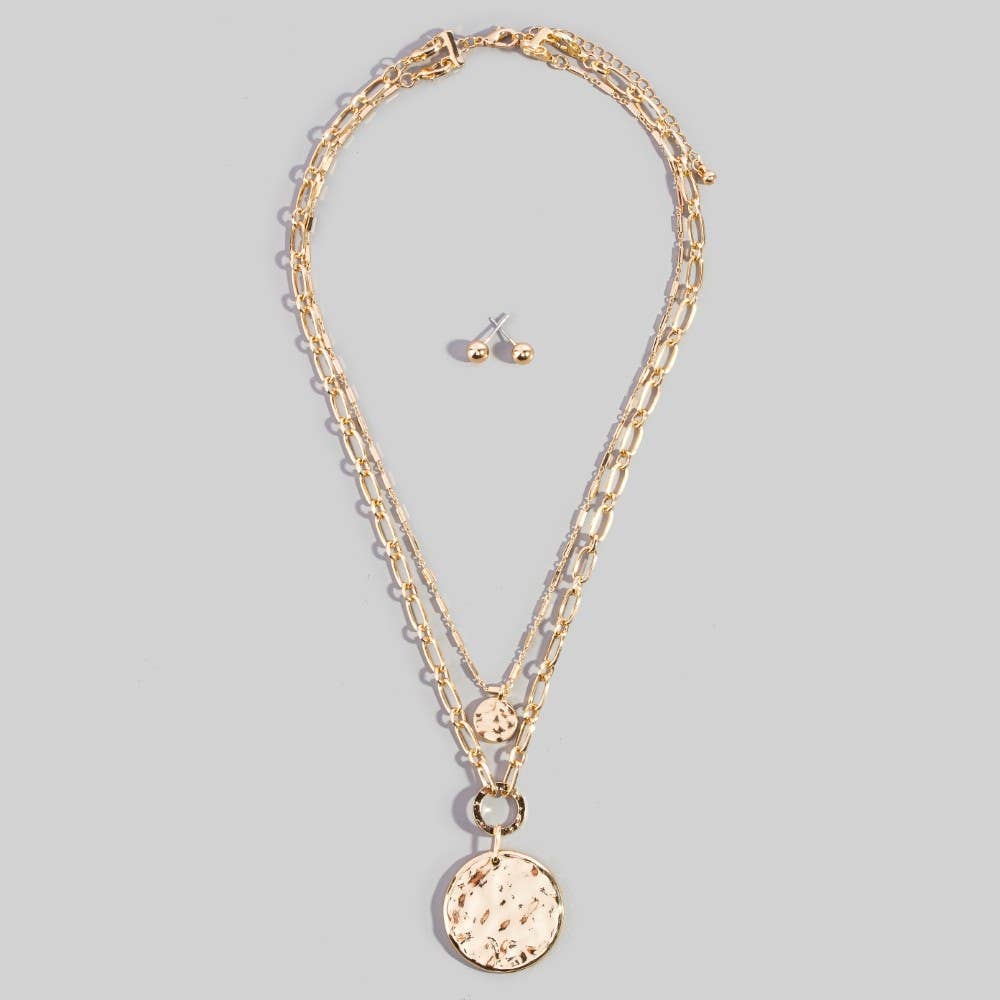 Double Chain Hammered Coin Pendant Necklace Set