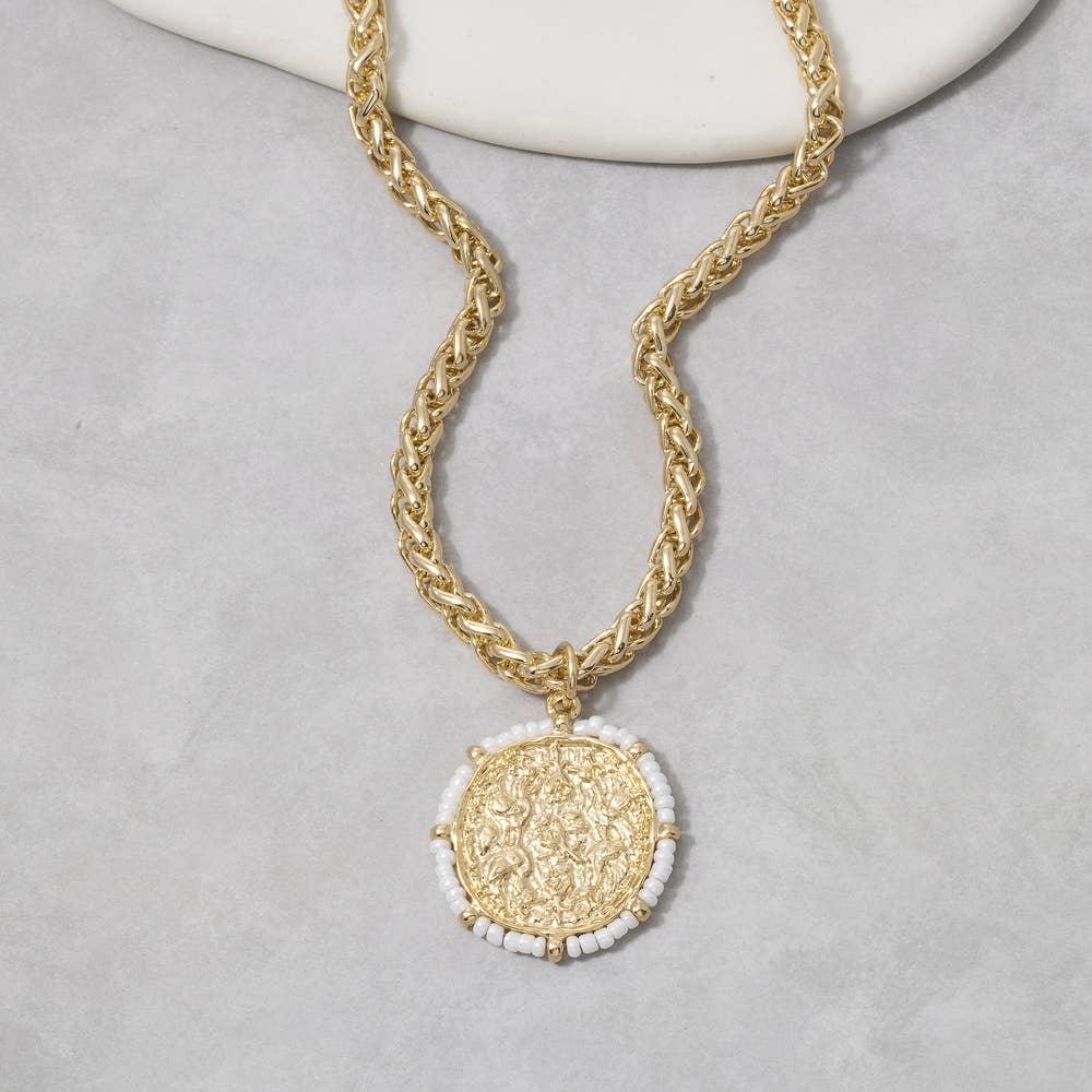 Hammered Coin Pendant Necklace With Seed Bead Rim