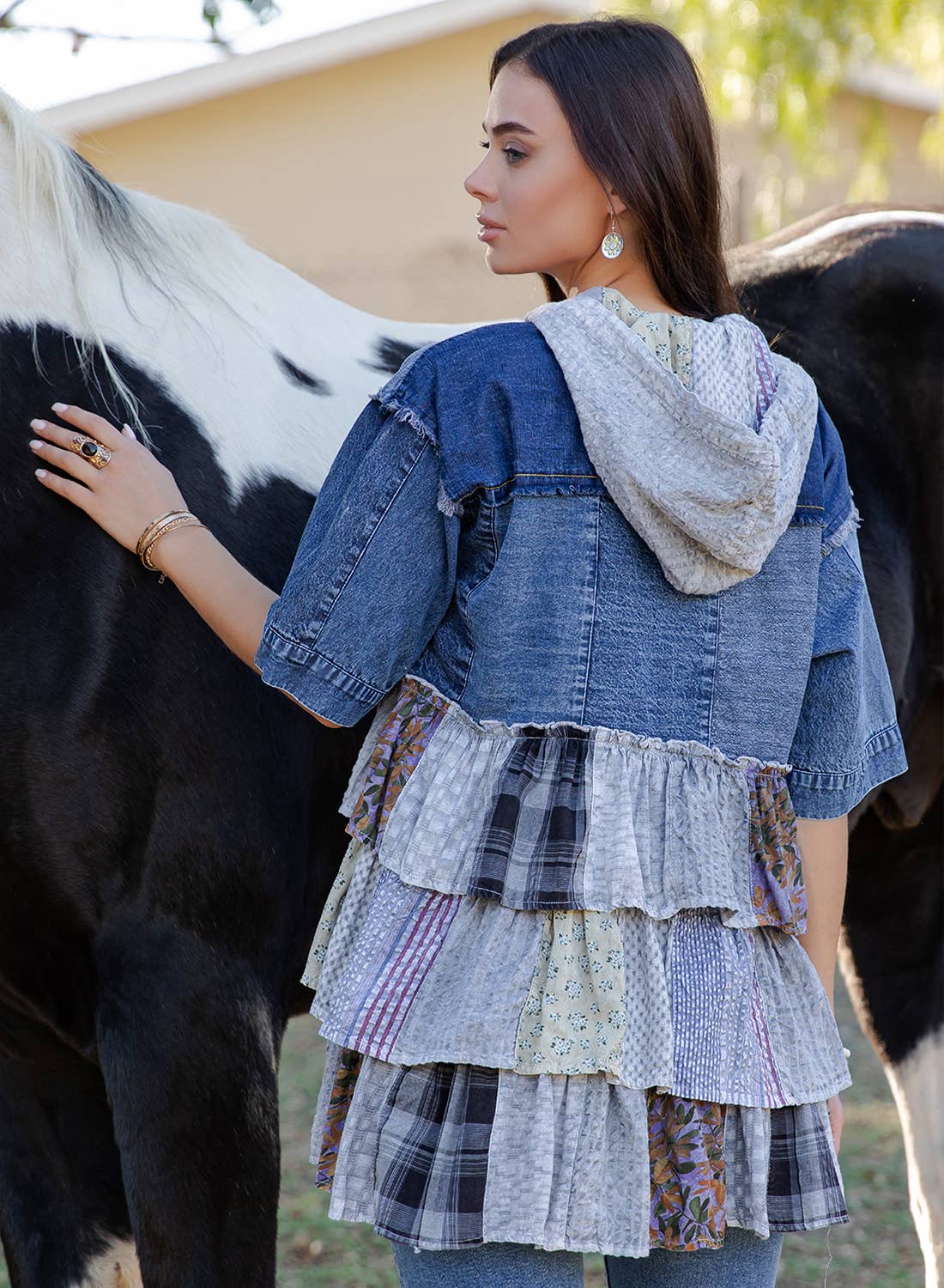 Boho Summer Hooded Denim Button Down Shirt with Playful Mixed Ruffles