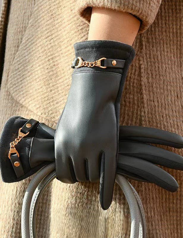 Gold Chain Detail Faux Leather Gloves