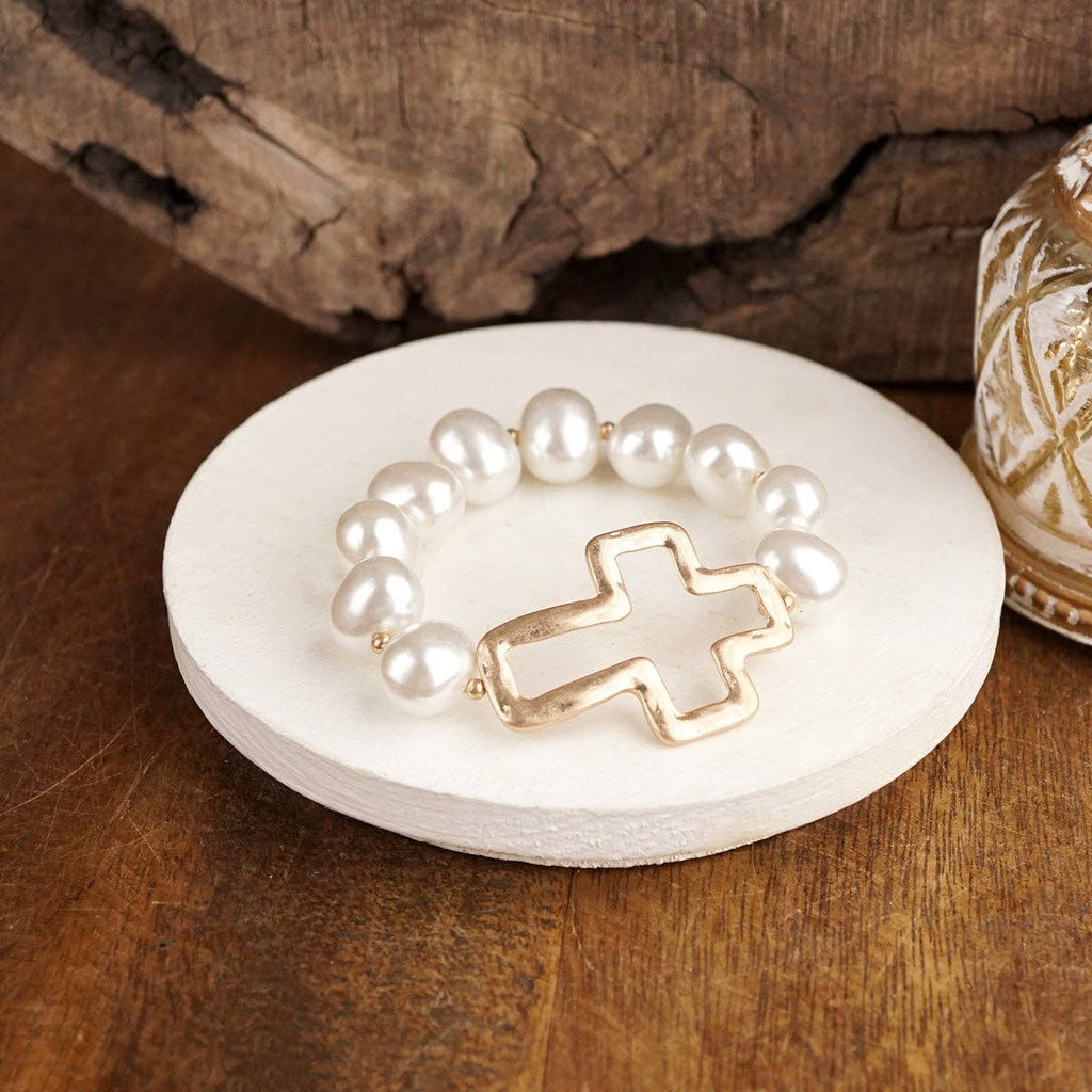Statement Beaded Cross Bracelet – Chunky Pearl Cross Bracelet Gold Silver