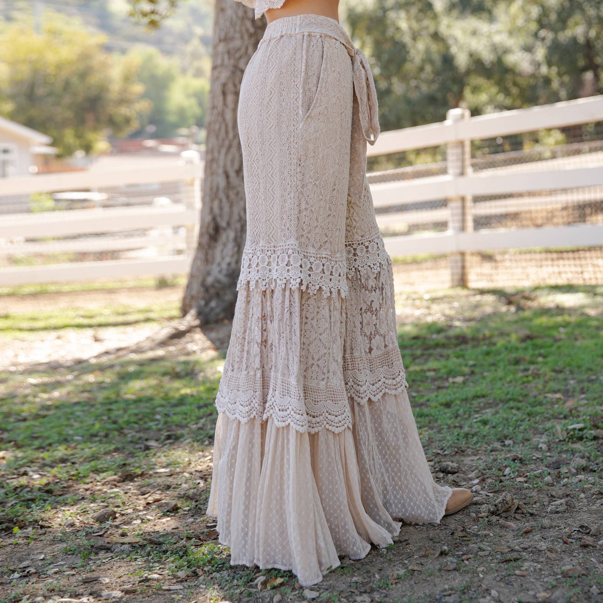 Boho Lace Tiered Flowy Wide Leg Pants