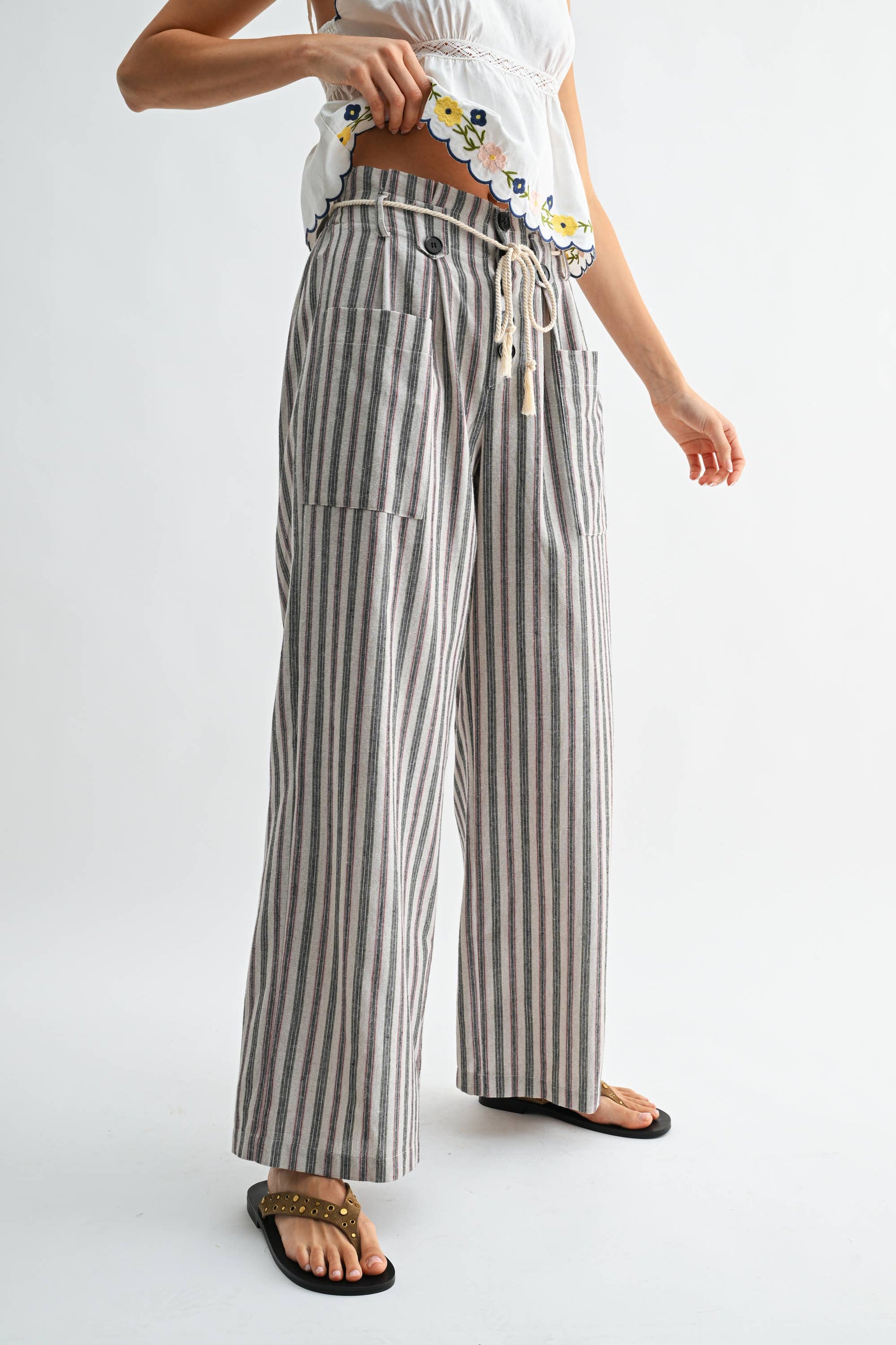 Striped Linen-Blend Wide Leg Pants with Drawstring