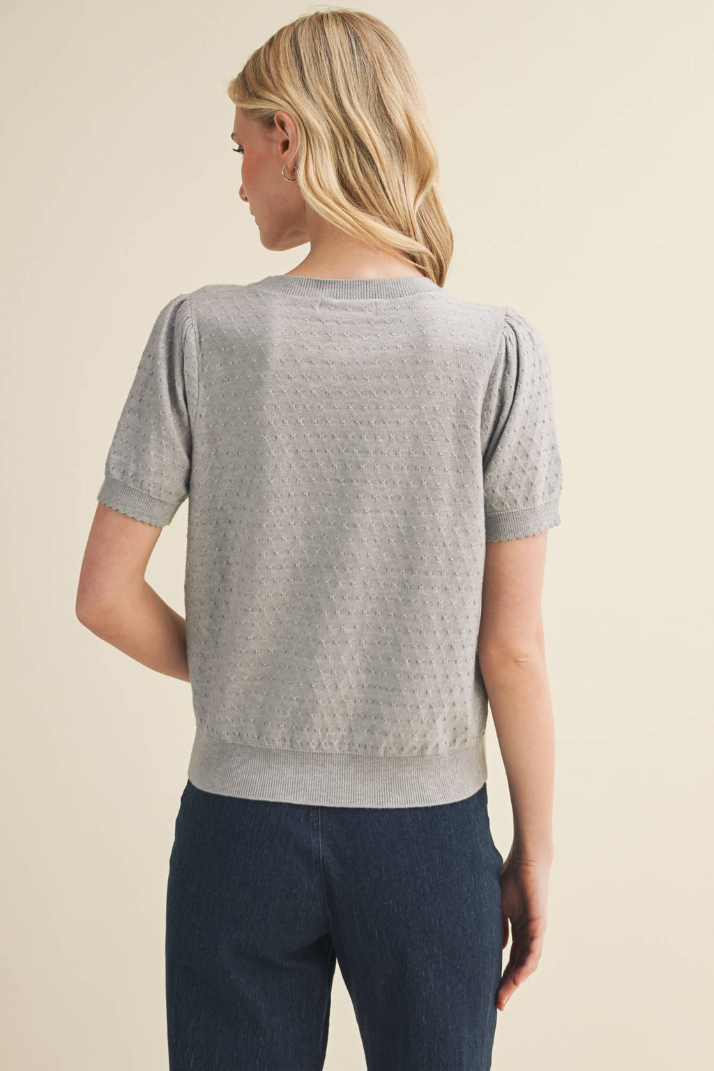 Starburst Pointelle Puff Sleeve Sweater