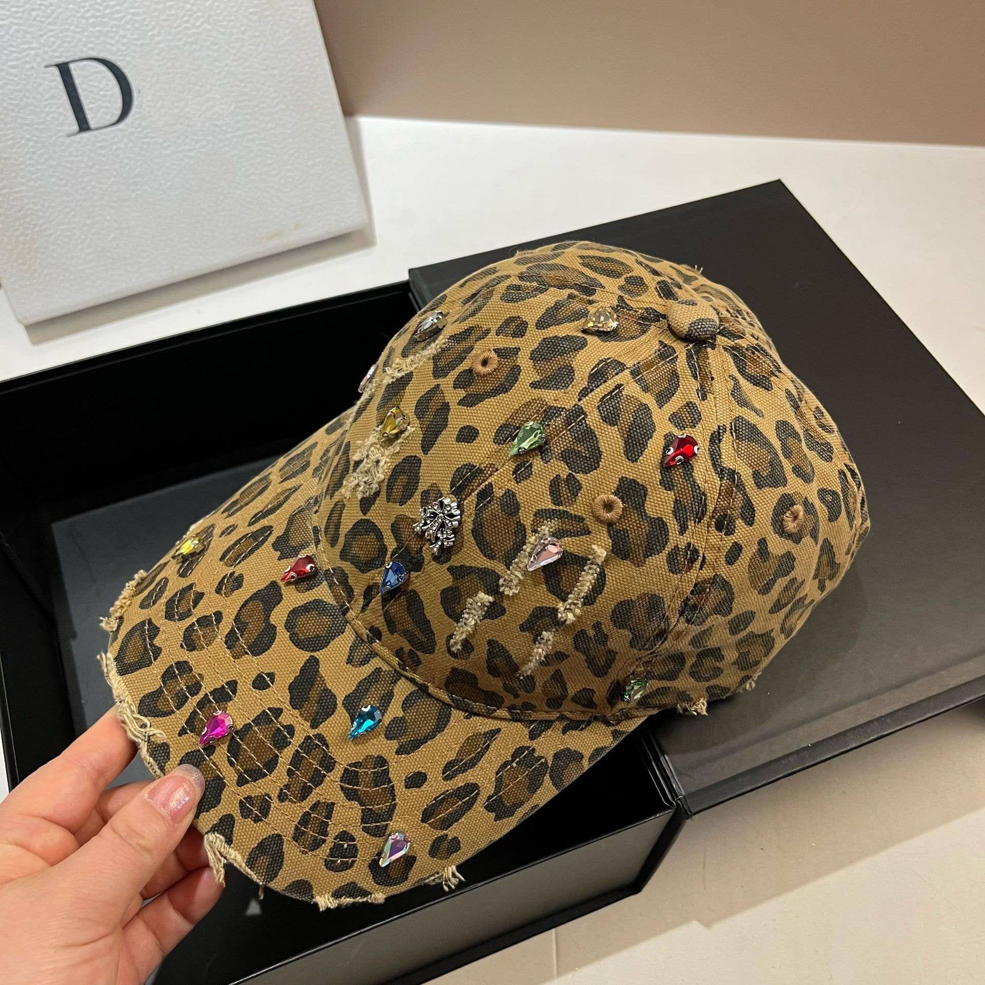Jewelled Leopard Print Fashion Cap