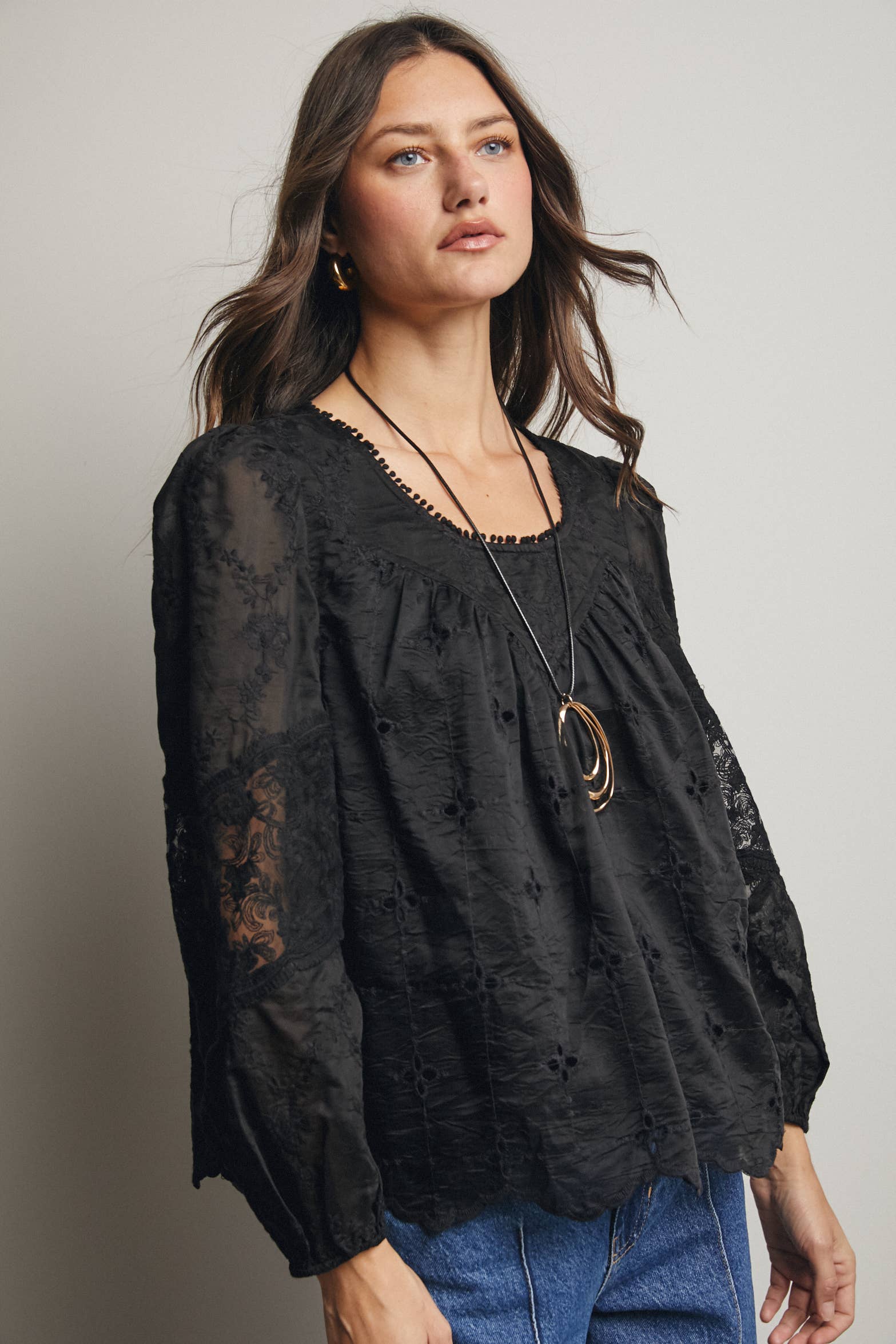 Embroidered Lace Puff Sleeve Blouse