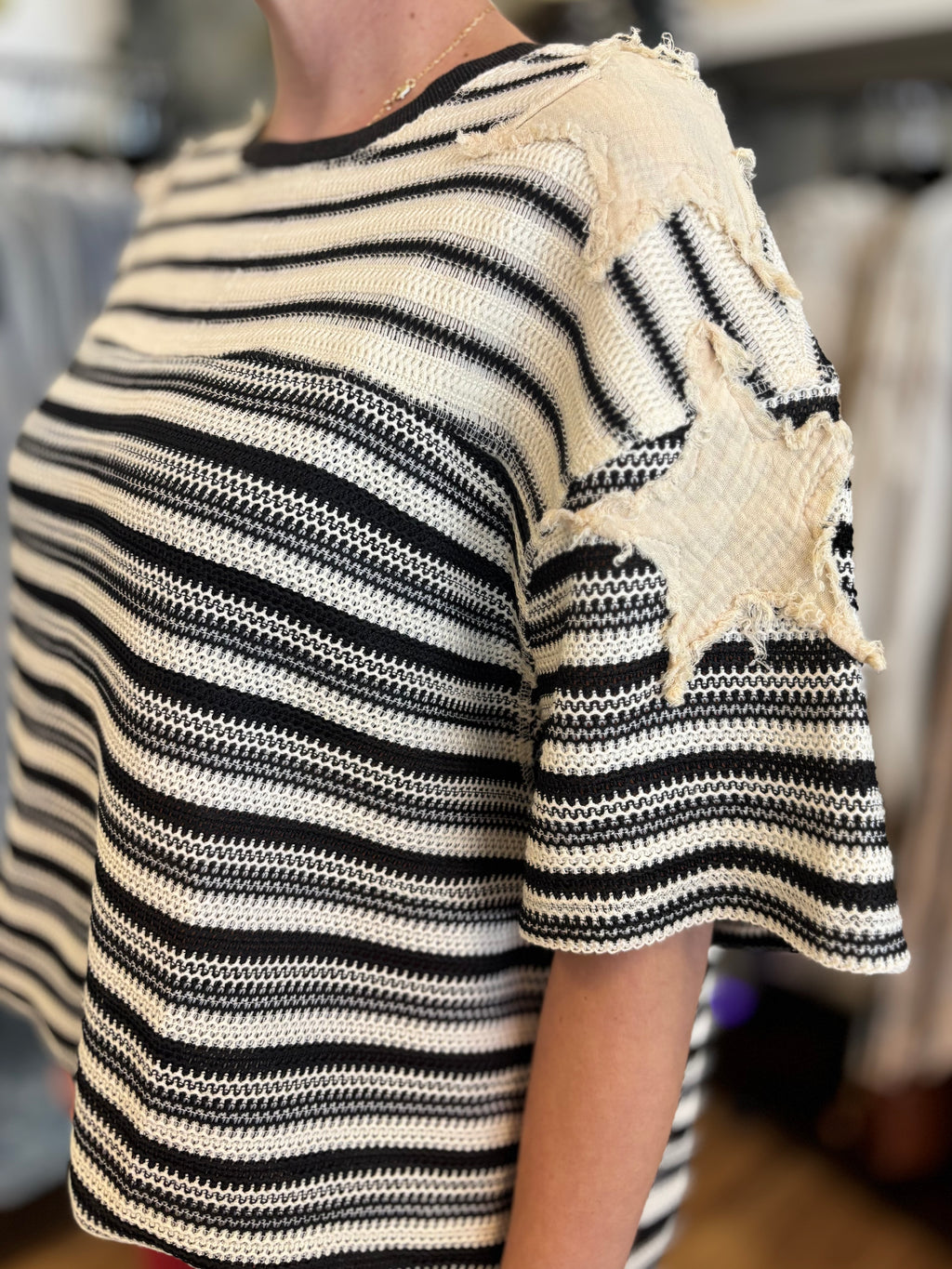 Lydia Striped Star Distressed Knit Sweater