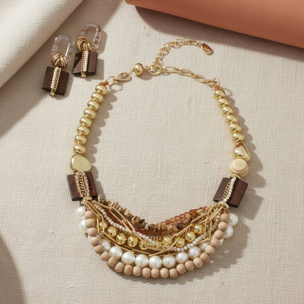 Wood Bead Natural and Glam Multi Layer Necklace