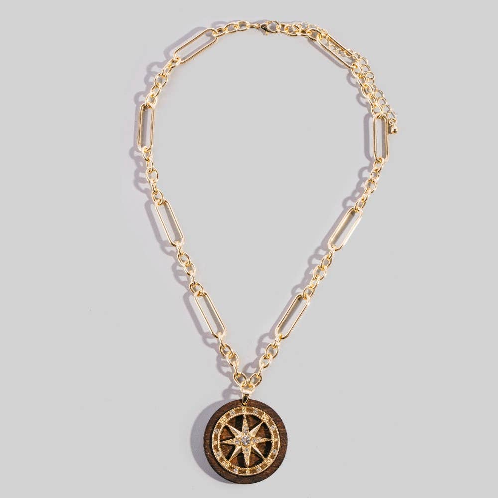 Paperclip Chain Cz Compass Star Medallion Pendant Necklace
