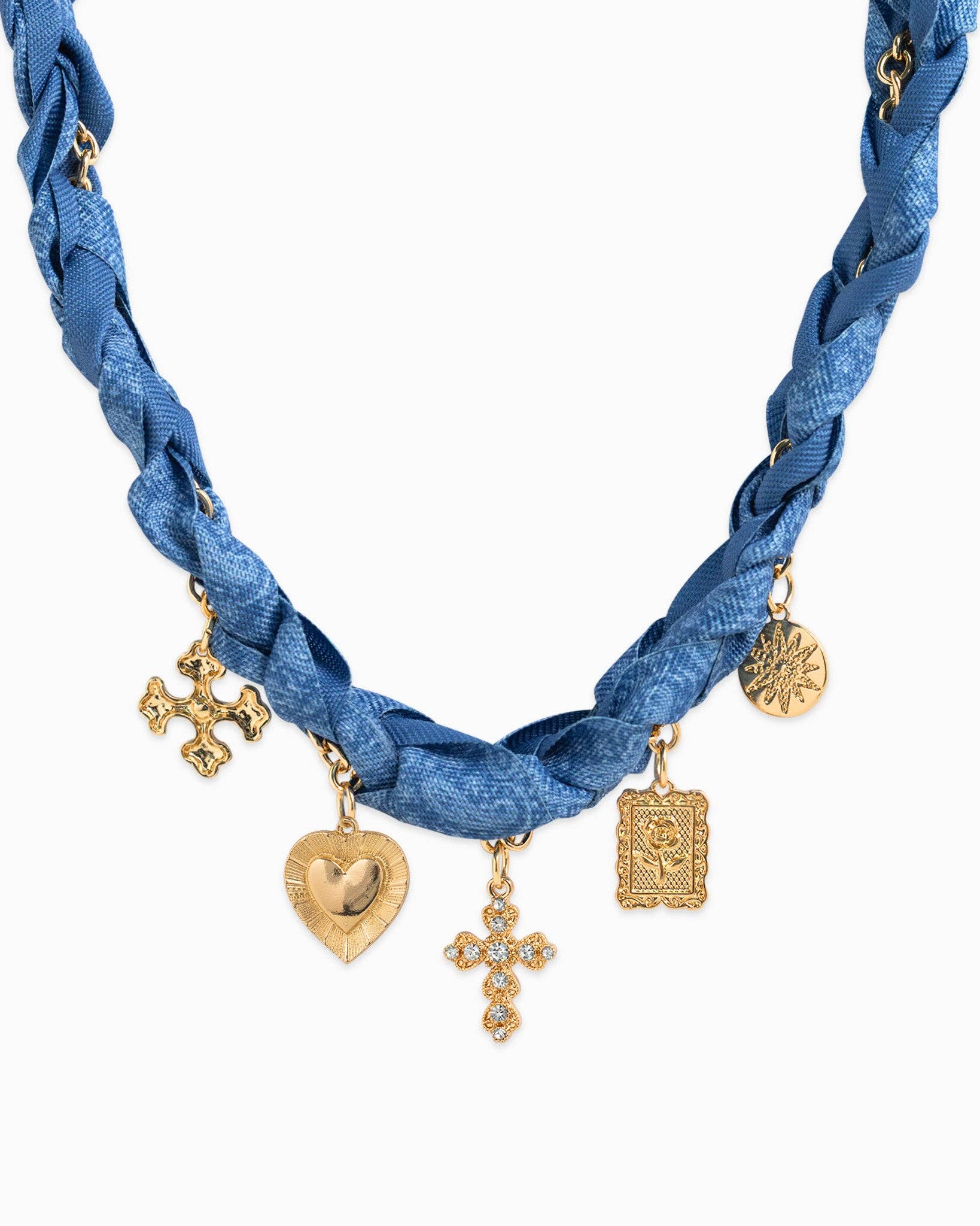 Denim Chunky Scarf Cross Heart Charm Necklace